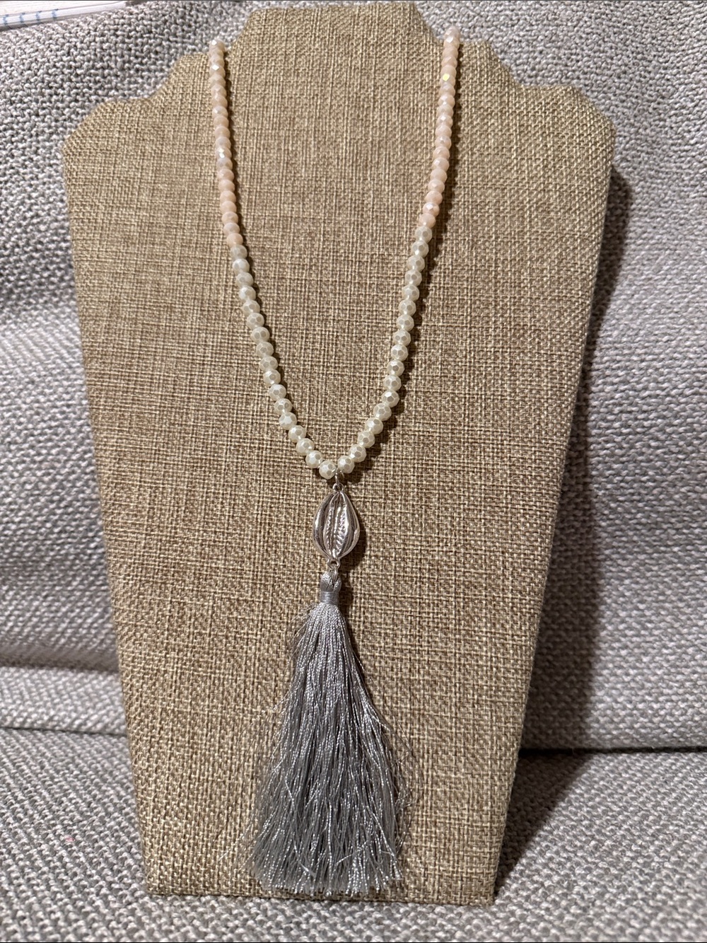 Pink and Cream Beaded Tassel Shell Necklace Long